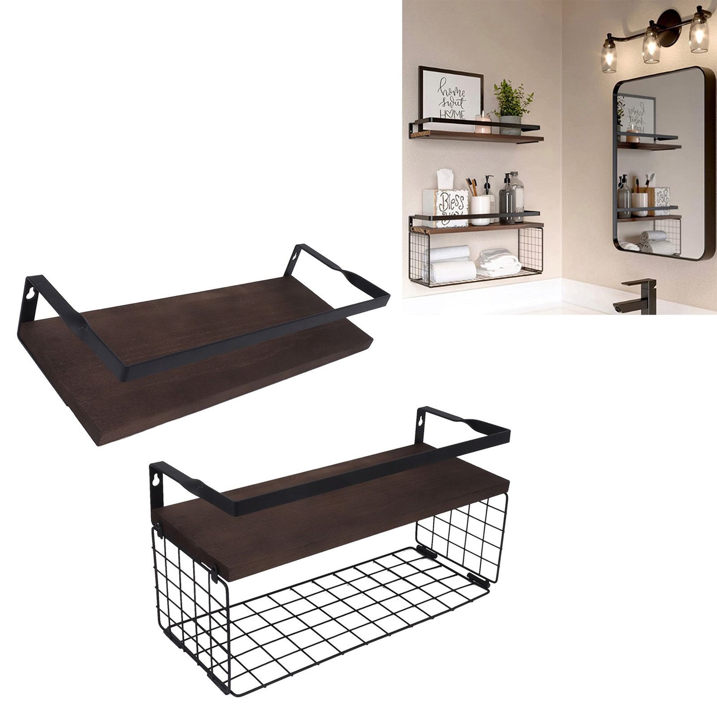 2 Set Wall Mounted Storage Shelves Bathroom Metal Wire Rustic Floating Shelf for Kitchen Office