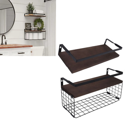 2 Set Wall Mounted Storage Shelves Bathroom Metal Wire Rustic Floating Shelf for Kitchen Office