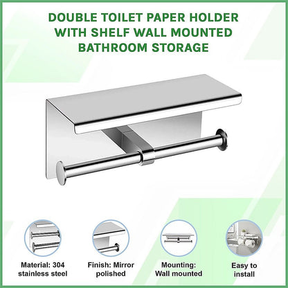Double Toilet Paper Holder with Shelf Wall Mounted Bathroom Storage
