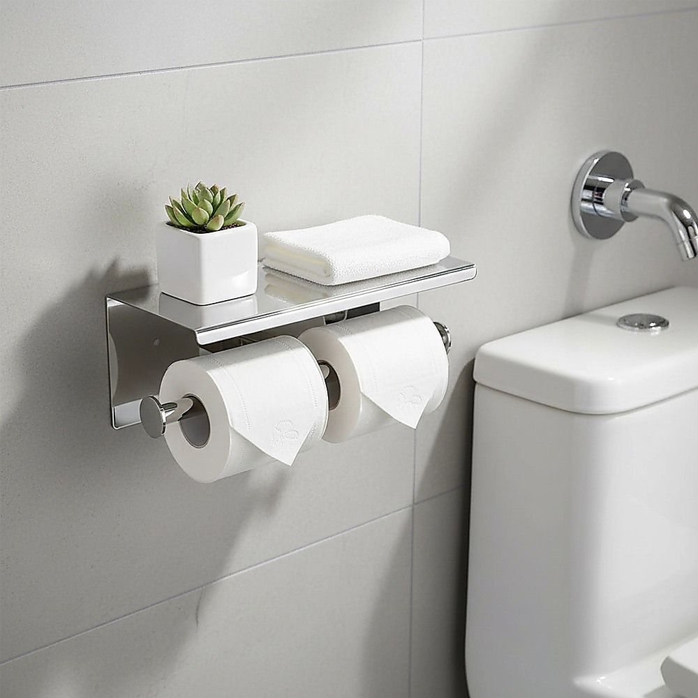 Double Toilet Paper Holder with Shelf Wall Mounted Bathroom Storage