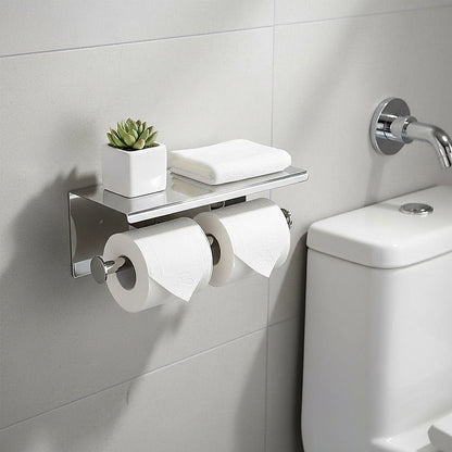 Double Toilet Paper Holder with Shelf Wall Mounted Bathroom Storage