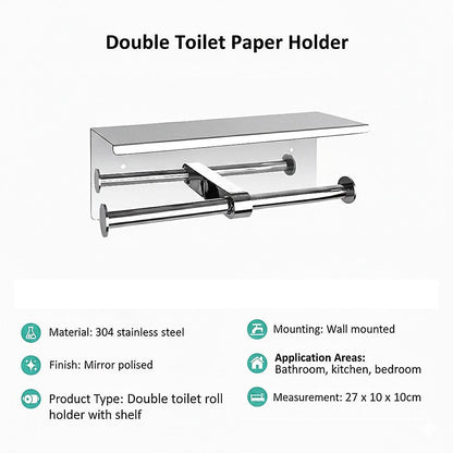 Double Toilet Paper Holder with Shelf Wall Mounted Bathroom Storage