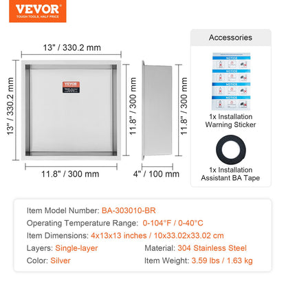 33.02 x 33.02 cm No Tile Shower Niche 304 Stainless Steel, Wall-Inserted Niche Recessed Double Shelves, Sealed Waterproof Rust-Resistant Modern Niche for Shower Bathroom Soap Storage, Silver
