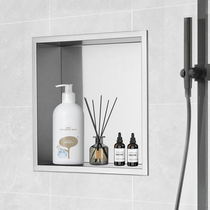 33.02 x 33.02 cm No Tile Shower Niche 304 Stainless Steel, Wall-Inserted Niche Recessed Double Shelves, Sealed Waterproof Rust-Resistant Modern Niche for Shower Bathroom Soap Storage, Silver