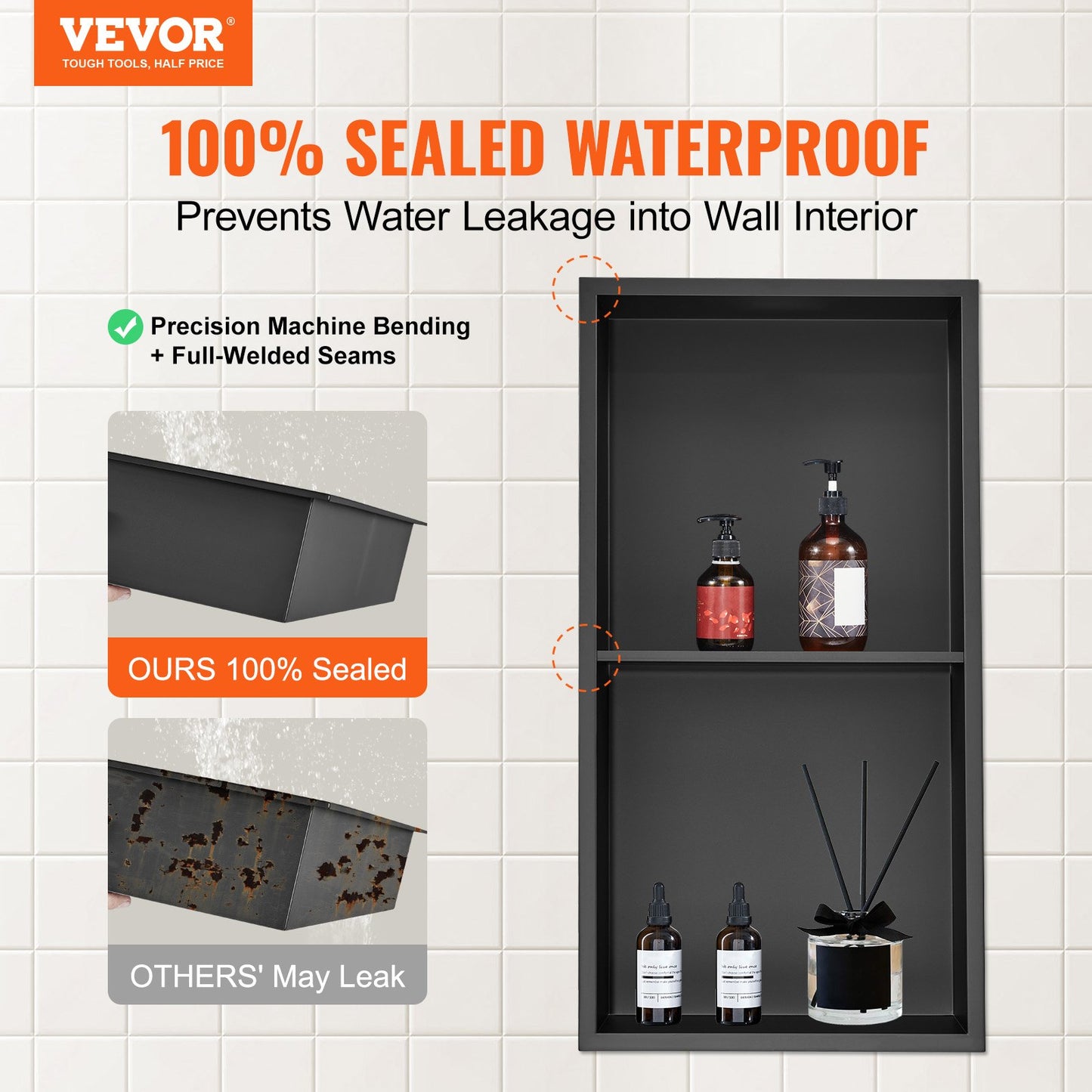 33.02 x 63.5 cm No Tile Shower Niche 304 Stainless Steel, Wall-Inserted Niche Recessed Double Shelves, Sealed Waterproof Rust-Resistant Modern Niche for Shower or Soap Storage Bathroom