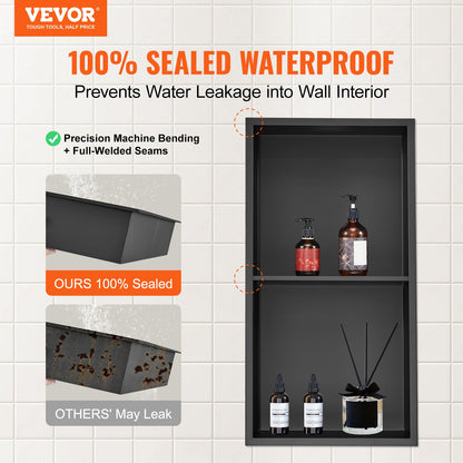 33.02 x 63.5 cm No Tile Shower Niche 304 Stainless Steel, Wall-Inserted Niche Recessed Double Shelves, Sealed Waterproof Rust-Resistant Modern Niche for Shower or Soap Storage Bathroom