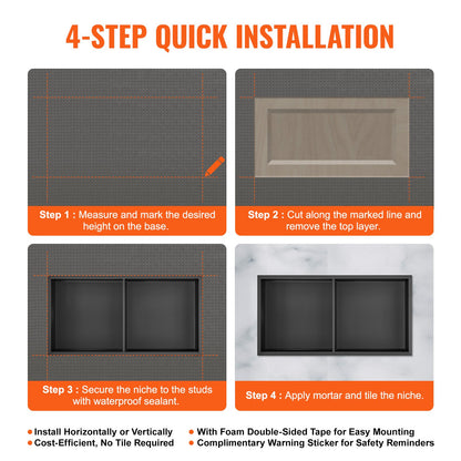 33.02 x 63.5 cm No Tile Shower Niche 304 Stainless Steel, Wall-Inserted Niche Recessed Double Shelves, Sealed Waterproof Rust-Resistant Modern Niche for Shower or Soap Storage Bathroom