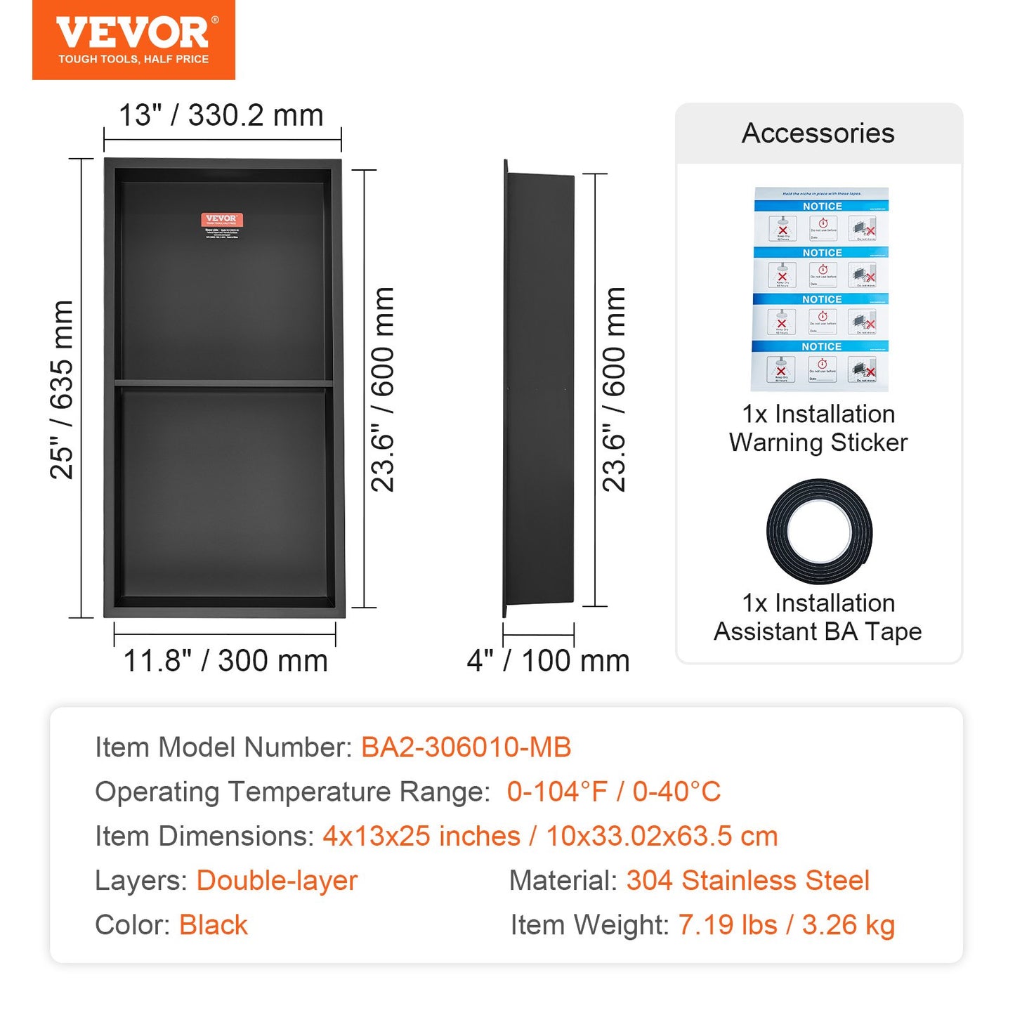 33.02 x 63.5 cm No Tile Shower Niche 304 Stainless Steel, Wall-Inserted Niche Recessed Double Shelves, Sealed Waterproof Rust-Resistant Modern Niche for Shower or Soap Storage Bathroom