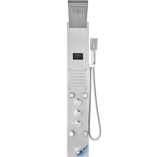 Shower Panel System, 6 Shower Modes, LED & Screen Hydroelectricity Shower Panel Tower, Rainfall, Waterfall, 5 Massage Jets, Tub Spout, Handheld Shower, Stainless Steel Wall-Mounted Shower Set