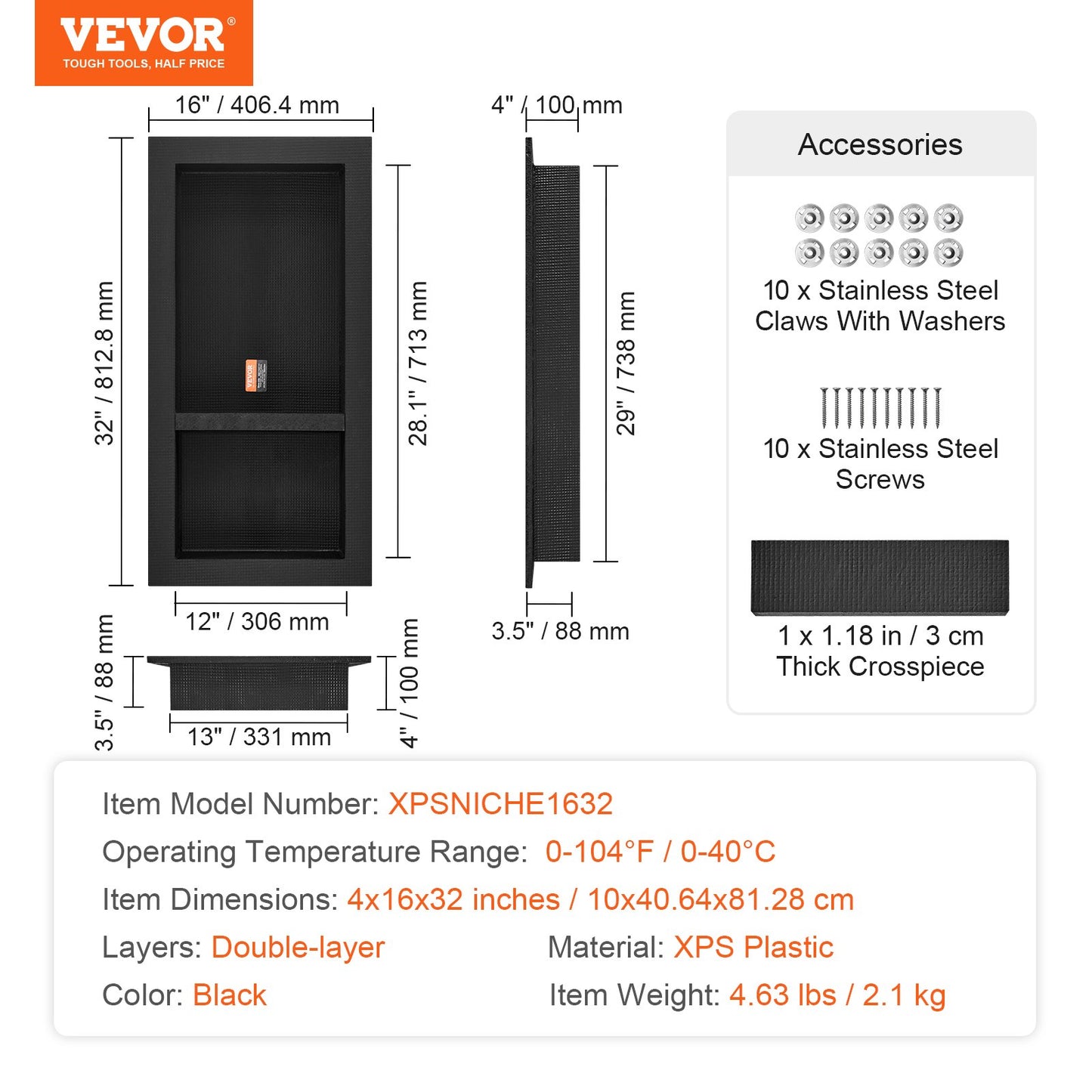 Shower Niche Ready for Tile 40.64 x 81.28 cm, Double Shelf Organizer, Square Corners Wall-inserted Niche Recessed, Sealed Protection Modern Soap Storage Niche for Shower Bathroom, Black