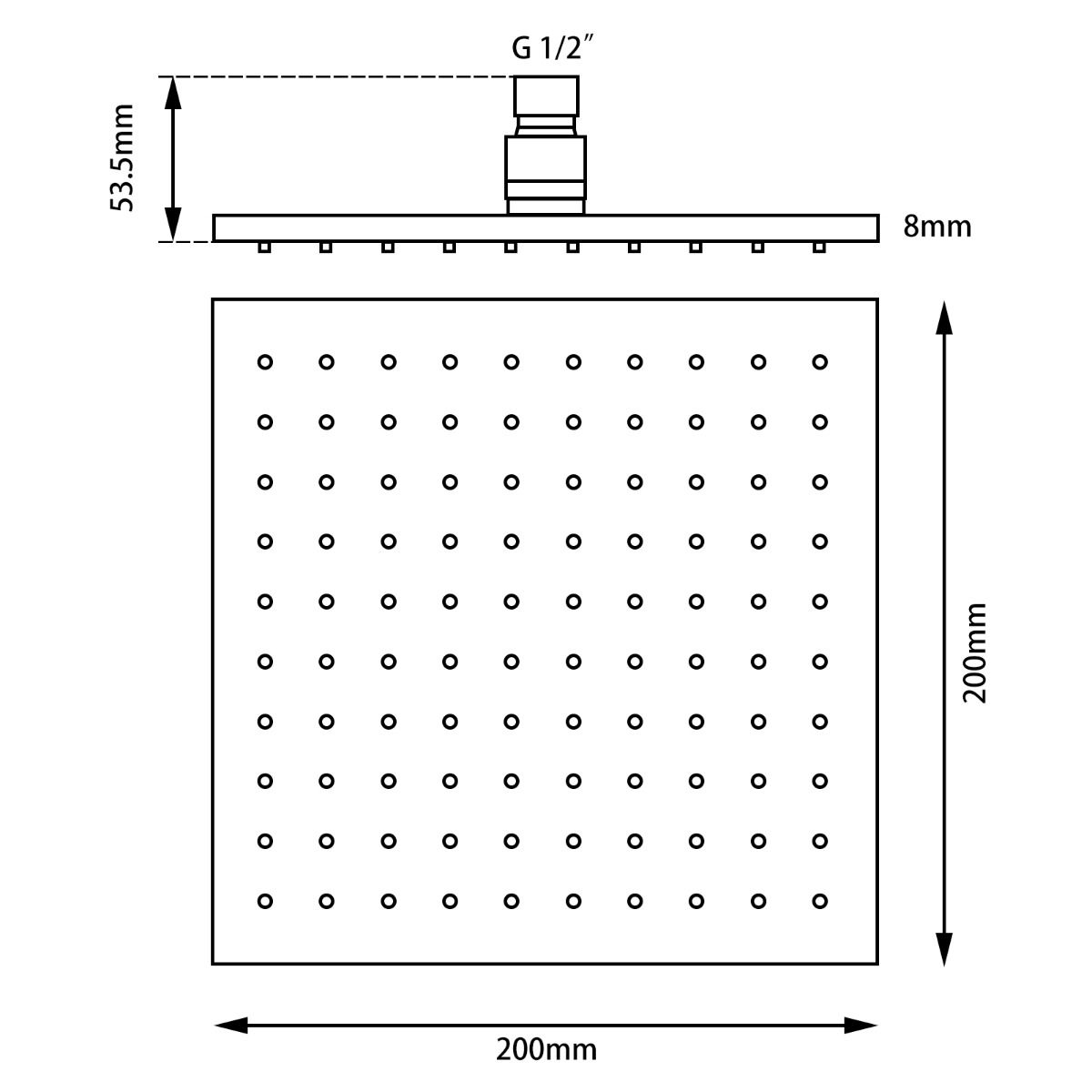 Square Black Rainfall Brass Shower Head 200mm