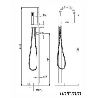 Round Gun Metal Grey Freestanding Bath Mixer With Handheld Shower