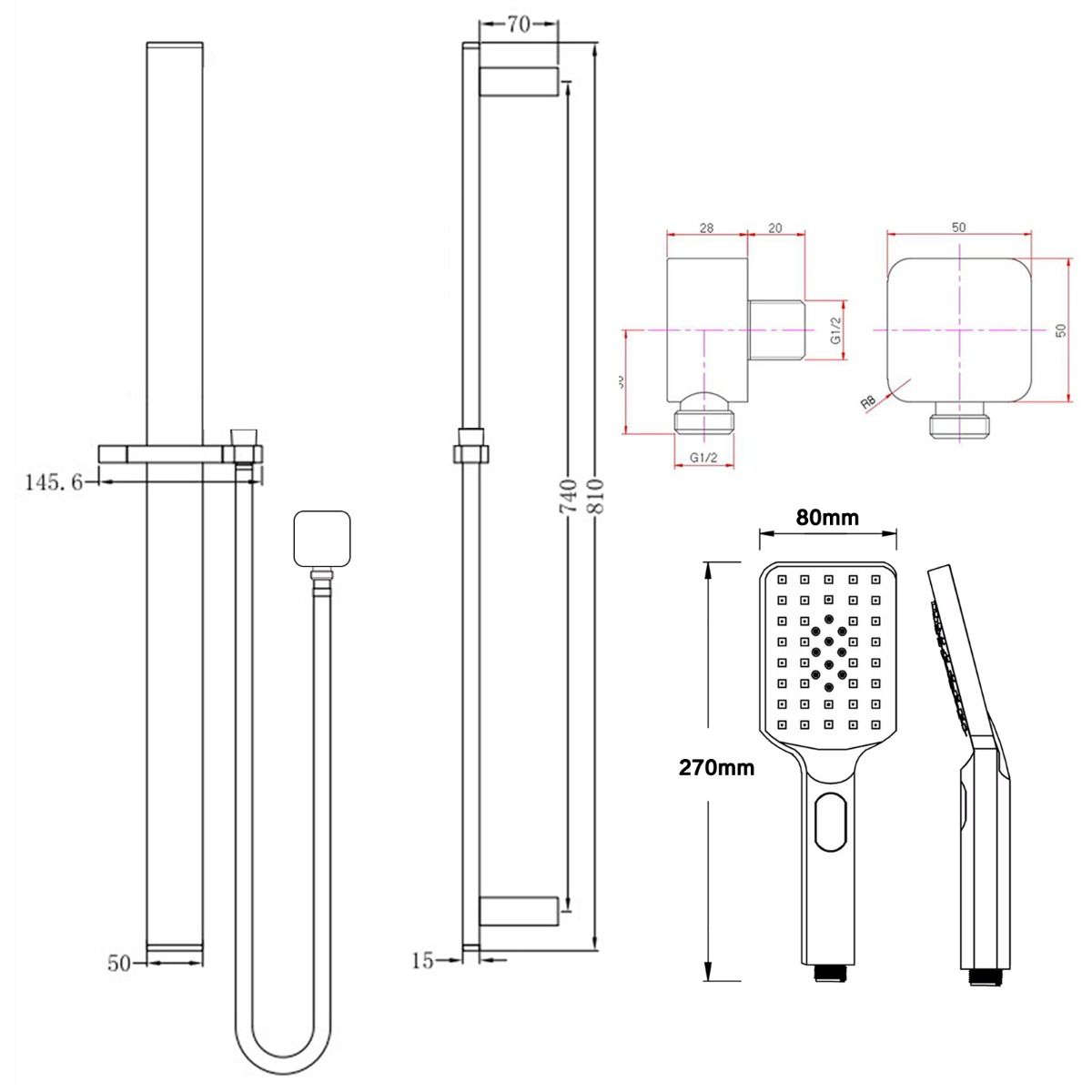 Brushed Nickel Square Handheld Shower Rail Set