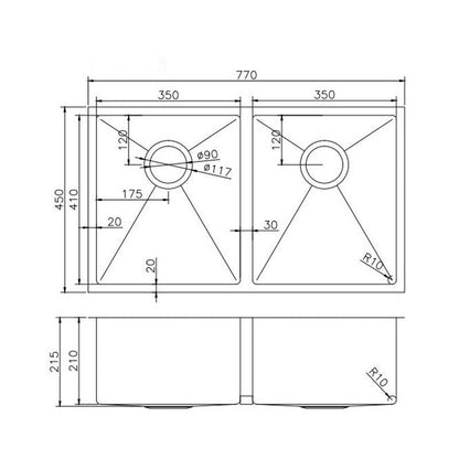 Satin - Gun Metal Grey 770x450x215mm 1.2mm Handmade Top/Undermount Double Bowls Kitchen Sink