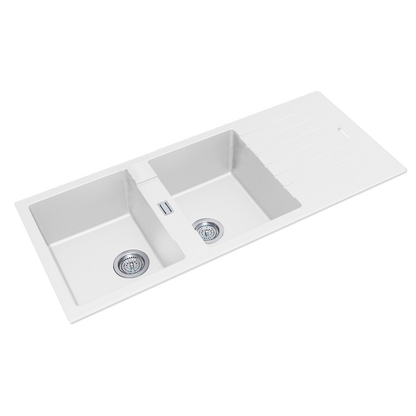 1160*500*200mm White Granite Quartz Stone Kitchen Sink Double Bowls Drainboard Top/Undermount